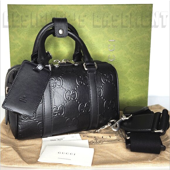 GUCCI blck Calfskin TENNIS perforated GG Embossd Mini Duffle BOSTON strap Bag ๐ - Picture 2 of 10